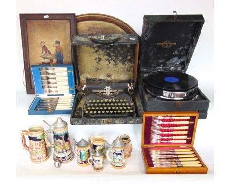 A mixed miscellaneous lot to include cased Columbia portable gramophone, cased vintage typewriter, two canteens of cutlery, t