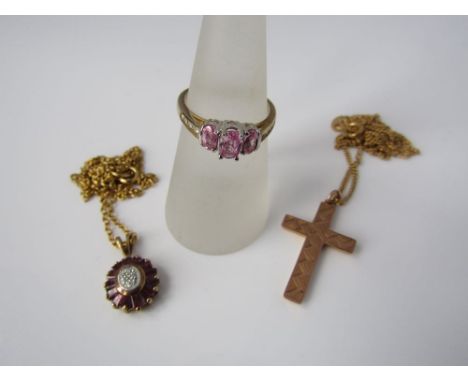 Two 9ct gold necklaces, one with pink sapphire and diamond pendant, the other with 9ct cross, also with 9ct pink sapphire and