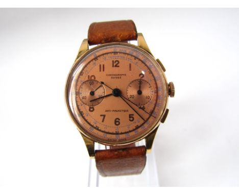 A Chronograph Suisse vintage rose gold gentleman's wristwatch with champagne dial, subsidiary second and minute counters and 