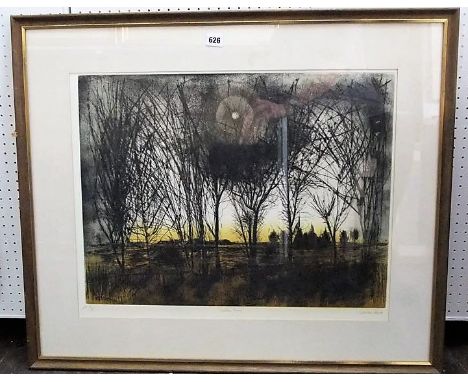 A 20th century signed coloured artists proof screen print by Walter Hoyle - Winter Trees showing a landscape at sunset, signe