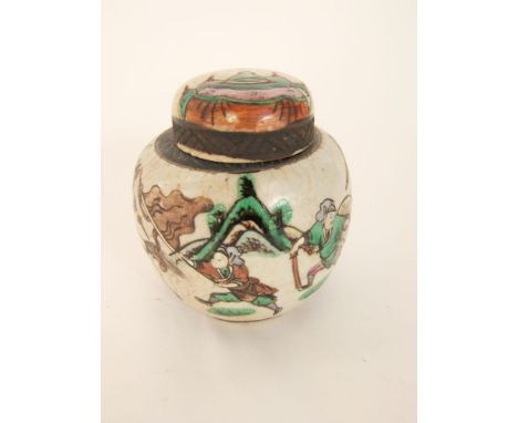 Chinese crackle glazed porcelain ginger jar decorated in polychrome enamel with a battle scene, 13 cm high