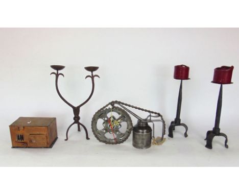 A Steampunk oil lamp fitted with a bike chain converted into a mantle clock together with three wrought iron candlesticks and