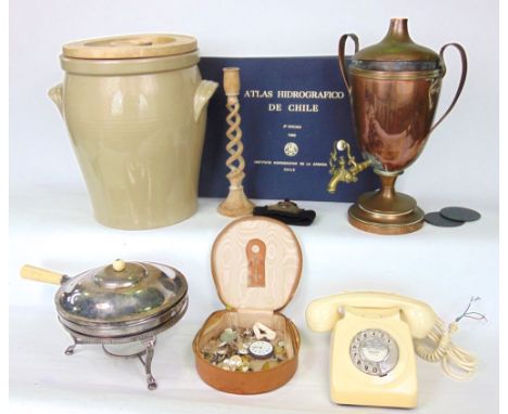A mixed miscellaneous lot to include silver plated warming pan on stand, twin handled copper samovar, vintage BT cream teleph