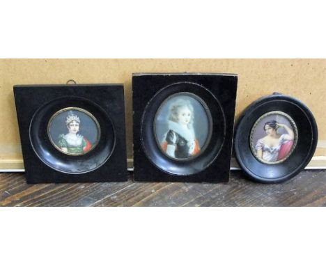 A collection of three early 20th century portrait miniatures in the 18th and 19th century manner, all showing elegant female 
