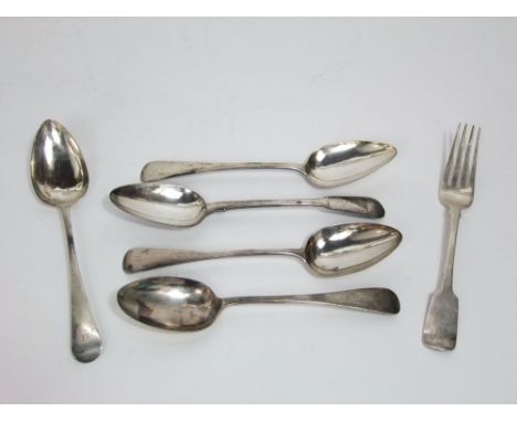 Harlequin set of four Georgian silver old English table spoons; together with a further fiddle pattern table fork and a furth