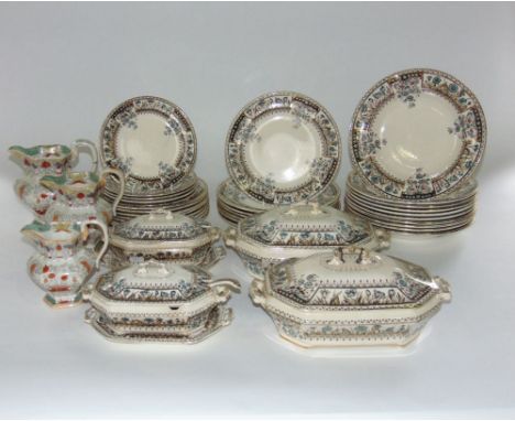Late 19th century Fieldings & Co Kent pattern dinnerwares with printed, infilled and gilded aesthetic style  floral border de