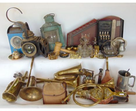 Three storm lanterns together with further brassware to include vintage motor horns, bellows, blow torch and a further Reynol