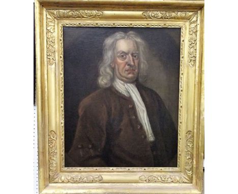 A 19th century oil painting on canvas, half length portrait of Sir Isaac Newton wearing a brown coat and white cravat, with c