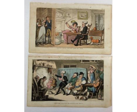 A quantity of unframed early 19th century coloured caricature engravings showing Dr Syntax published 1812 by R Ackermann, 14 