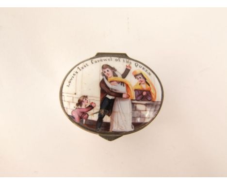 An early 19th century Bilston enamel type patch box of oval form with painted decoration to the hinged cover showing Louis's 
