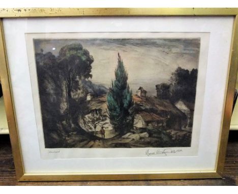 A pair of 20th century coloured etchings by Edward Bouverie Hoyton showing landscapes with figures, both signed bottom right 