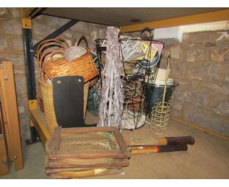 A large quantity of flower arranging baskets and props, two vintage tennis rackets and a painted wicker chair with option to 