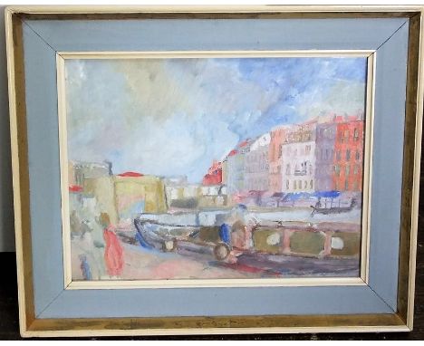 A 20th century oil painting on canvas of a city scene with figures, 35 x 45 cm together with two oil paintings on board by Do