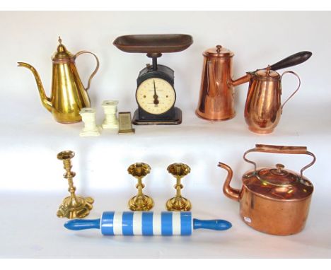 A collection of mixed metalware and kitchenalia to include good copper chocolate pot, further copper kettle, brass candlestic