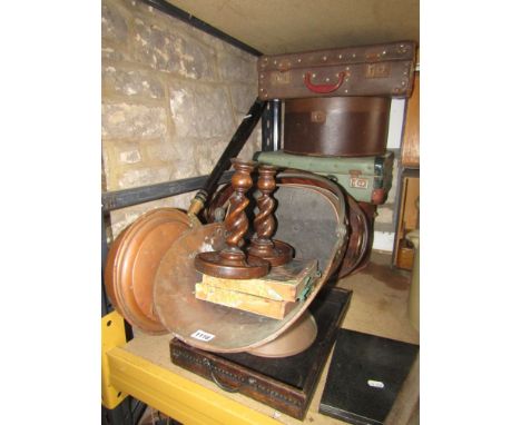A 19th century copper coal scuttle, pair of oak barley twist candlesticks, copper warming pan, vintage luggage, etc
