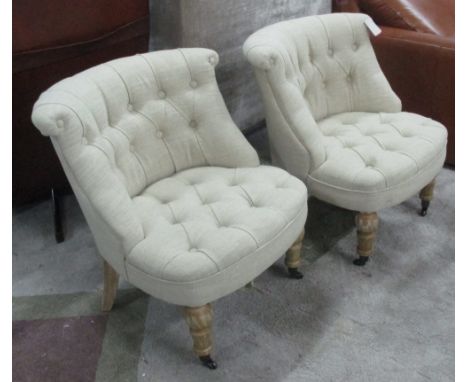 BEDROOM CHAIRS, a pair, upholstered natural linen button back, on turned supports, 72cm H x 65cm W x 68cm D. (2)