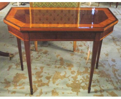CARD TABLE, George III plum pudding mahogany and satinwood banded with canted angled foldover baize-lined top, 73cm H x 94cm 