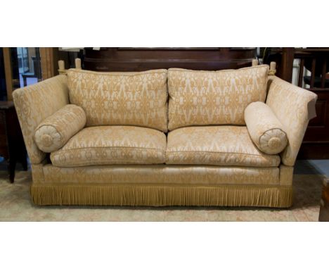 KNOLE SOFA, two seater, feather filled cushions in gold patterned upholstery with bolster cushions and bullion fringe, 205cm 