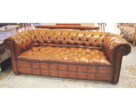 CHESTERFIELD SOFA, Victorian, all over leaf brown buttoned leather upholstery, 205cm W.