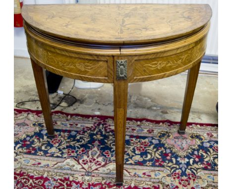 DEMI LUNE CARD TABLE, Louis XVI style marquetry and gilt metal mounted with green leatherette foldover top, 82cm H x 88cm W x