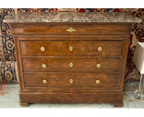 COMMODE, 19th century French Louis Philippe figured walnut with five long drawers and grey white St Anne marble, 129cm W x 62
