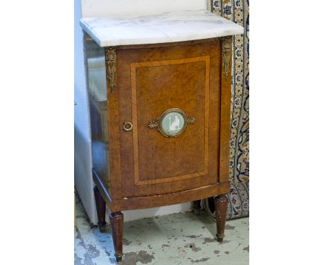 TABLE DE NUIT, French, circa 1900, burr elm, satinwood and gilt metal mounted with marble top above a jasperware plaque cente