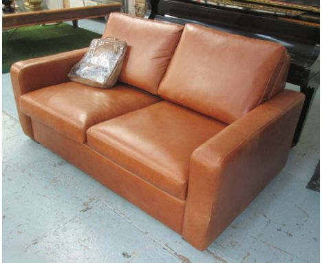 SOFA, tan leather, 161cm W x 98cm D x 81cm H.