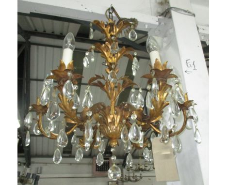 CHANDELIER, Rococo style, six branch with gilt foliate metal leaf detail and glass drops, 60cm W x 56cm H.