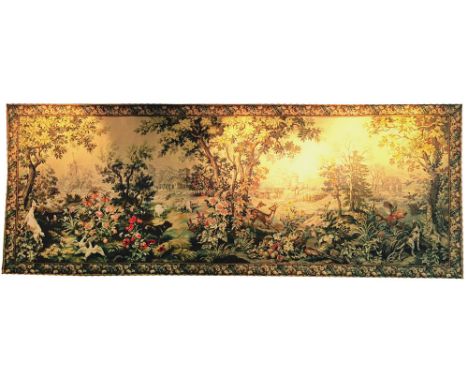 FINE VERDU TAPESTRY, 405cm x 152cm, rural scene of a farm and wildlife in a woodland within a chestnut leaf border.