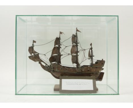 GALLEON MODEL, believed 19th century French 'POW hand-built copper four mast barque', approx. 36cm L x 22cm H, with stand and