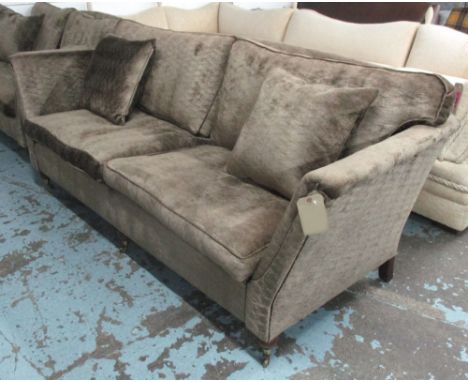 SOFA, three seater, in shimmering bronzed wave patterned upholstery, 220cm L x 100cm D x 85cm H.