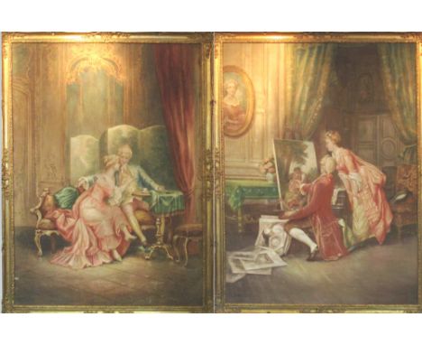 TAPESTRY STYLE PAINTINGS, a pair, depicting Aristocratic scenes, 150cm x 112cm each, framed. (2)