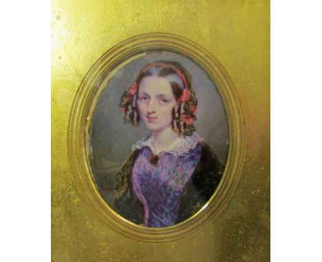 19th CENTURY ENGLISH SCHOOL, Portrait Miniature, Lady with Red Ribbon in her hair, 2 1/2" x 2"