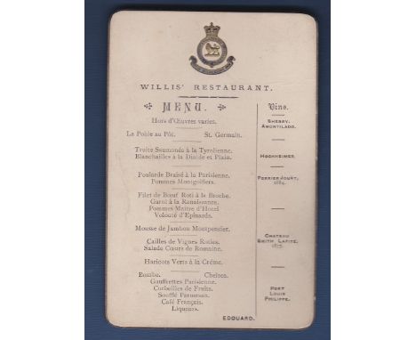 3rd Oxfordshire Light Infantry Royal Bucks Kings Own - 1895  Menu Regimental Crested, Willis Restaurant.