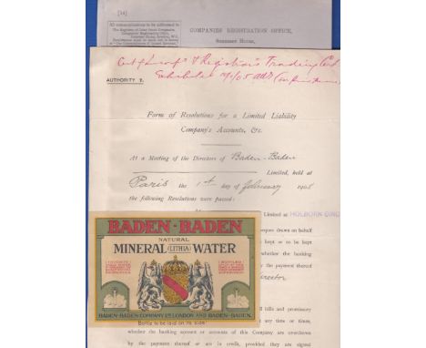 Adventure - Baden-Baden  Mineral Water colour label and 1908 Resolution Document of the Directors Meeting in Paris (1st Feb) 