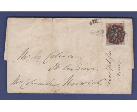 Great Britain 1842 EL Colman family, Norwich with 1841 1d red, tied by full Norwich Maltese Cross, 'EE', Plate 26, - variety 