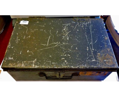 Tea Trunk/Bank Box (41cm x 26cm x 15½cm), latch to shut, carrying handle, scratching on exterior lid, numbered "329".