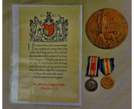 WWI Casualty group including British War Medal and Victory Medals with Memorial Plaque and Scroll to 201324 PTE William M. Pl