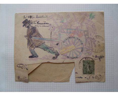 FRANCE 1918 HAND DRAWN ILLUSTRATED ENVELOPE 'LATIN QUARTER 1886' - address clipped, signed portrait on the back L.D.BERNHEIM