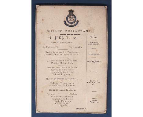 3rd Oxfordshire Light Infantry Royal Bucks Kings Own - 1894  Menu Regimental Crested, Willis Restaurant.