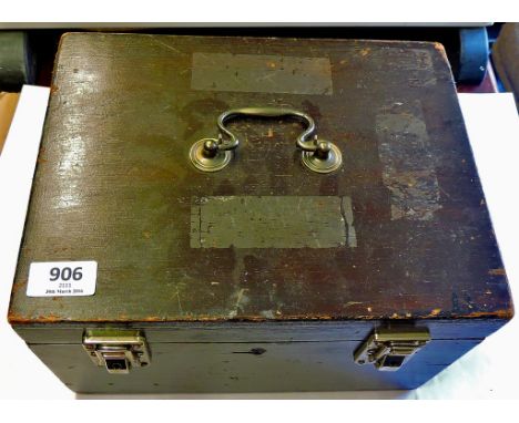 Wooden Box (29cm x 23cm x 18½cm). Carrying handle and two clasps (no key) nice blue felted interior with some shaping. Useful