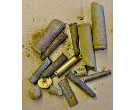 Shell cases small collection partial cases, button, part ammunition clips, ball shot 