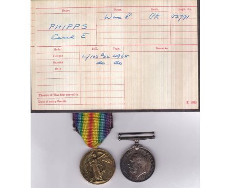 WWI British War Medal and Victory Medal to 52791 PTE C.E. Phipps, Worcester Regiment.   