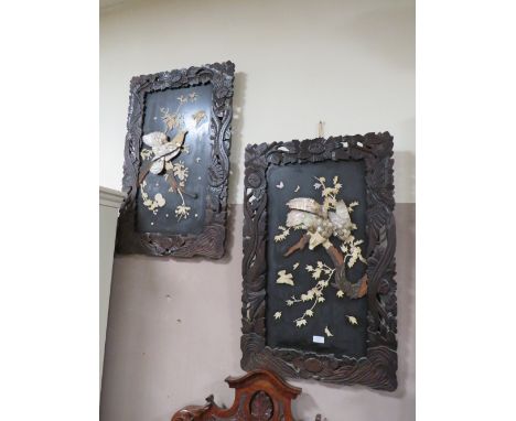 A PAIR OF ORIENTAL STYLE LACQUERED MOTHER OF PEARL WALL HANGINGS 90 X 56 CM