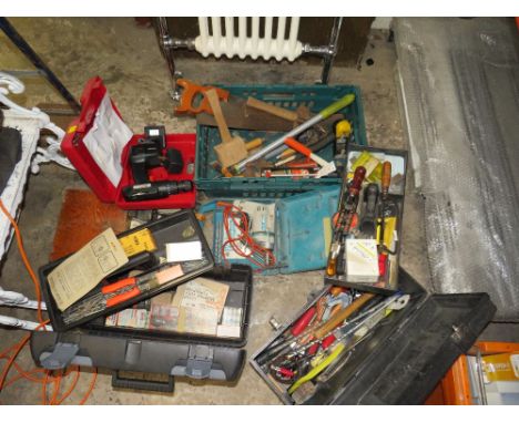 A CRATE OF ASSORTED TOOLS TOGETHER WITH TOOL BOXES AND CONTENTS