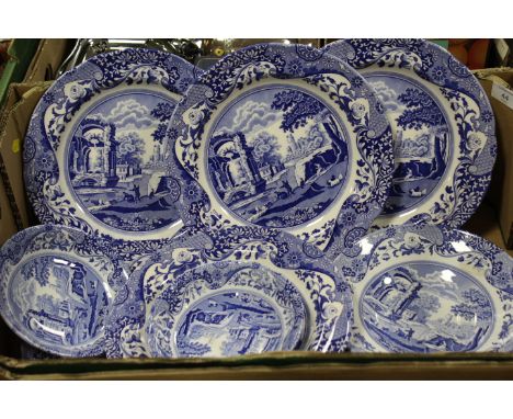 A BOX OF SPODE 'ITALIAN' PATTERN BLUE AND WHITE PLATES