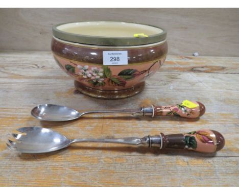 A VINTAGE BOWL AND SALAD SERVERS - PAPER LABEL STATING MACINTYRE  - ONE SALAD SERVER A/F