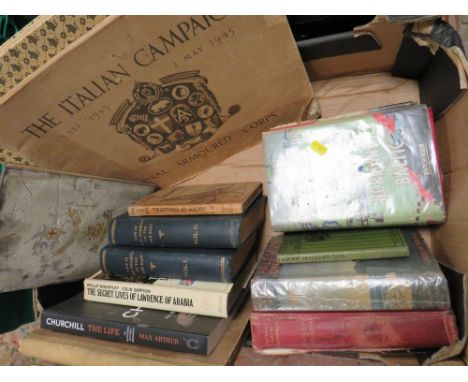 A TRAY OF ASSORTED VINTAGE MILITARY BOOKS ETC TO INCLUDE NORMANDY TO THE BALTIC - CONTAINING VARIOUS MAPS