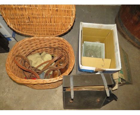 A VINTAGE WICKER BASKET AND CONTENTS TO INCLUDE HORSE TACK TOGETHER WITH A BOX OF GLASS BRICKS AND A SELECTION OF VINTAGE REC