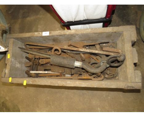 A VINTAGE WOODEN CRATE OF TOOLS RASPS ETC